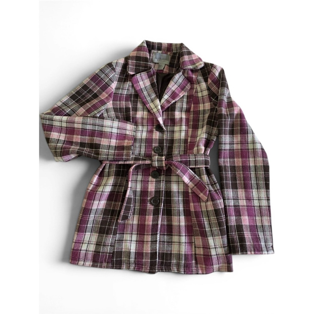 Miss Lili Belted Jacket Pink Brown Plaid Wool Blend Tailored 90s Coat Large